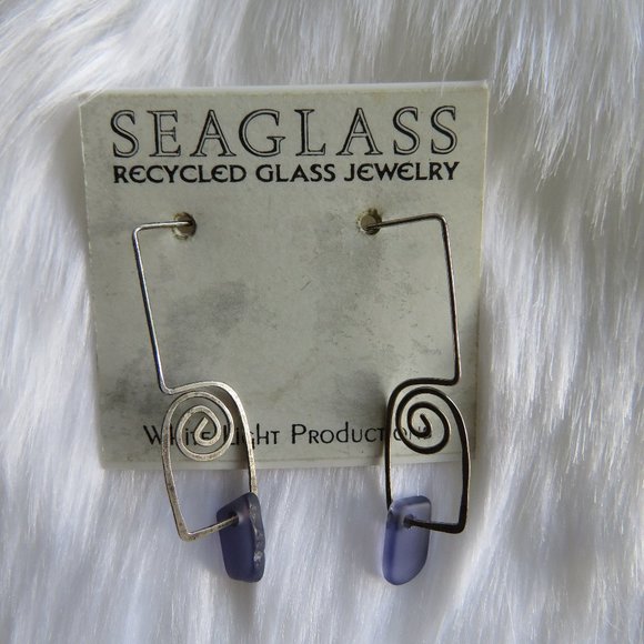 Sterling Silver Dangling Earrings With Purple Seaglass - Picture 3 of 4